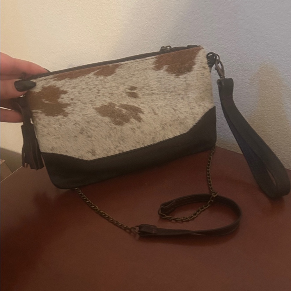 Elegant Authentic Cowhide Brown and Cream Wristlet Clutch!